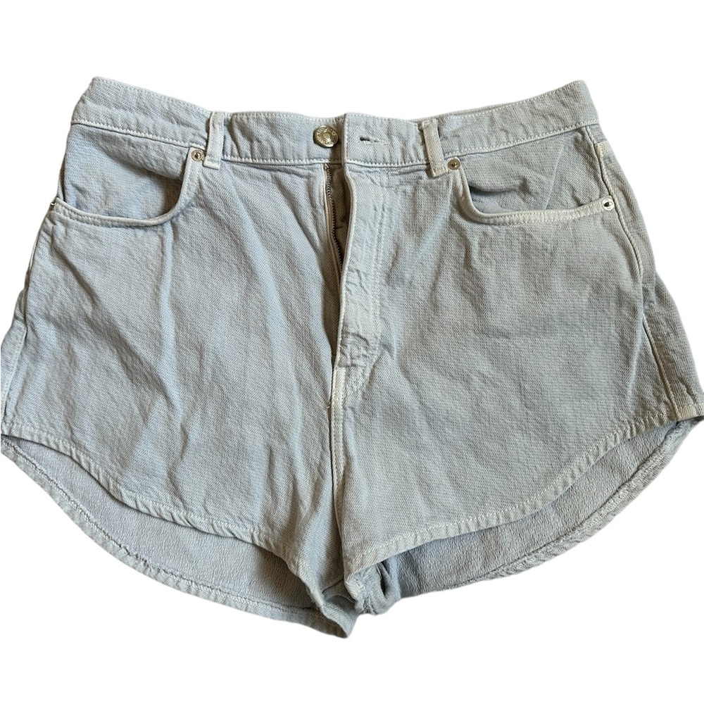 Zara Light Wash Denim Shorts — High Rise Curved Hem, Size 12